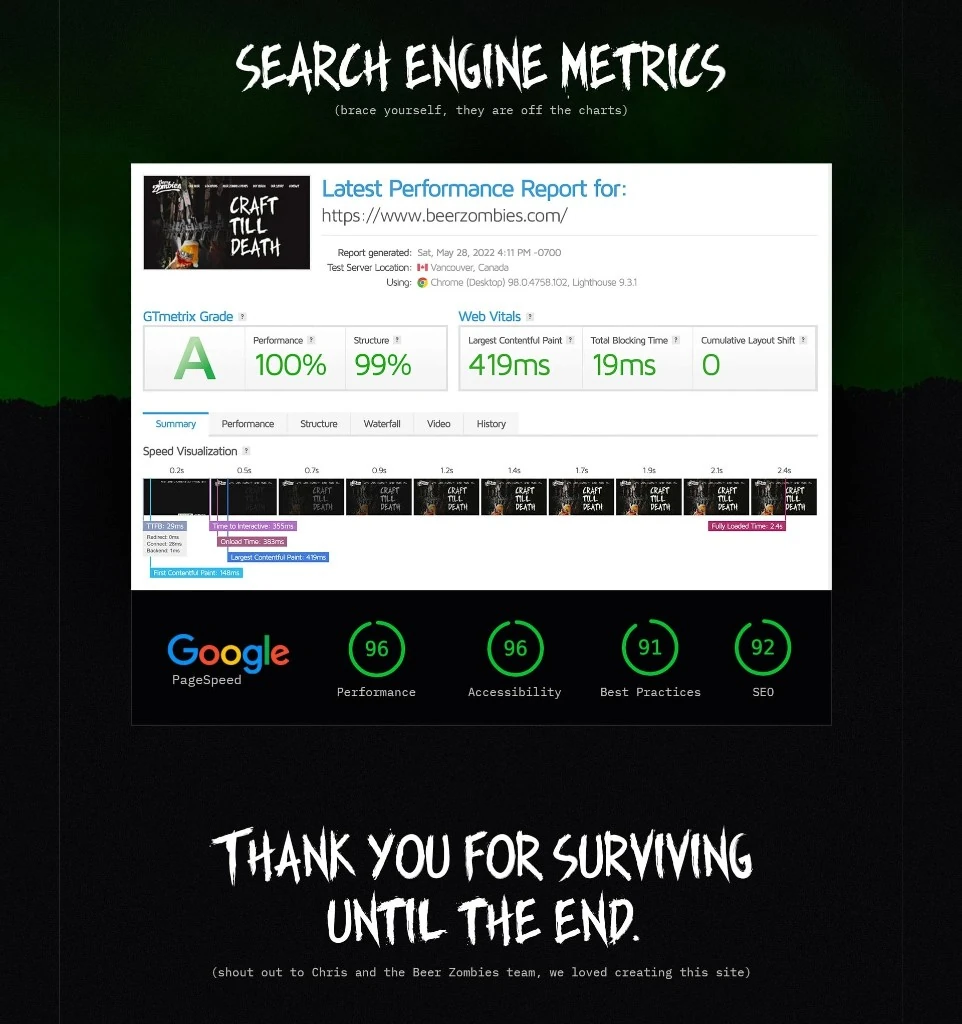 Search engine metrics slide with a May 2022 GTmetrix and PageSpeed report for Beer Zombies