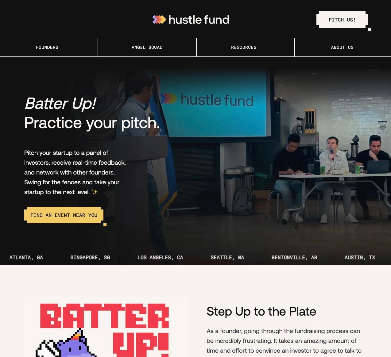Hustle Fund Batter Up event landing page