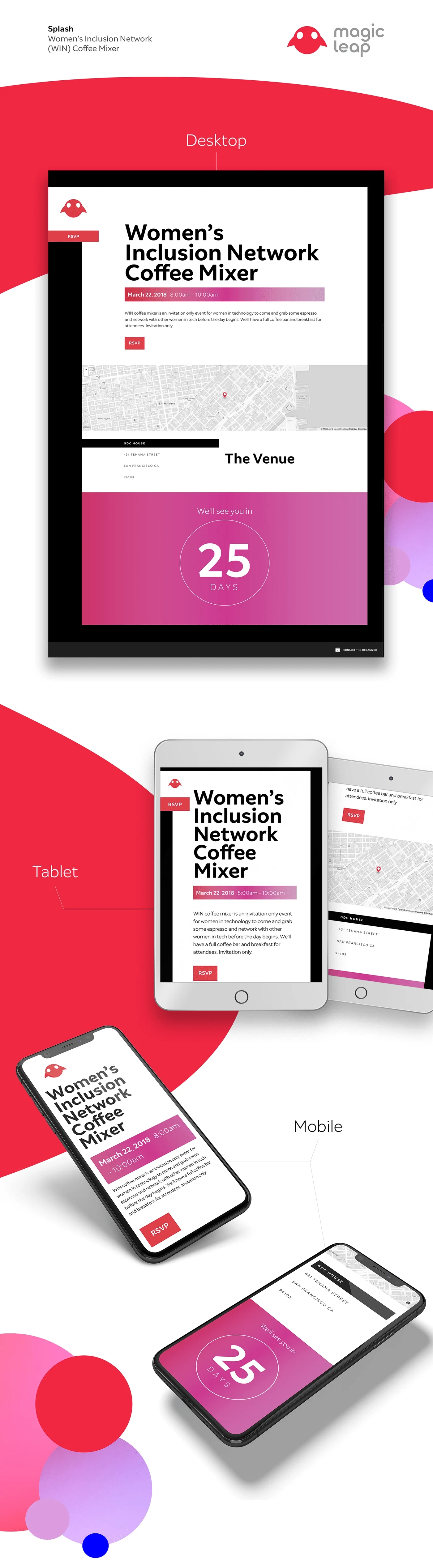 Magic Leap Coffee Mixer event page designs presented on desktop, tablet, and mobile screens