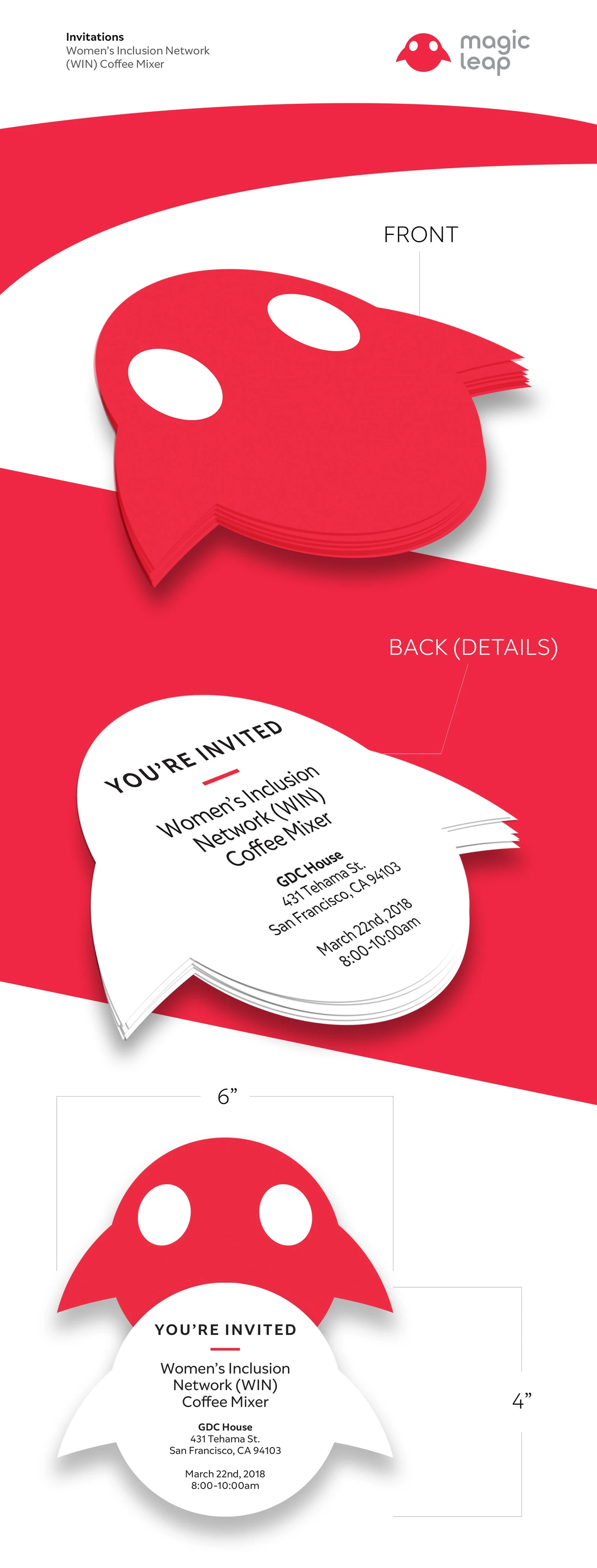 Red and white Magic Leap character-shaped Coffee Mixer invitations, showing front, back, and dimensions