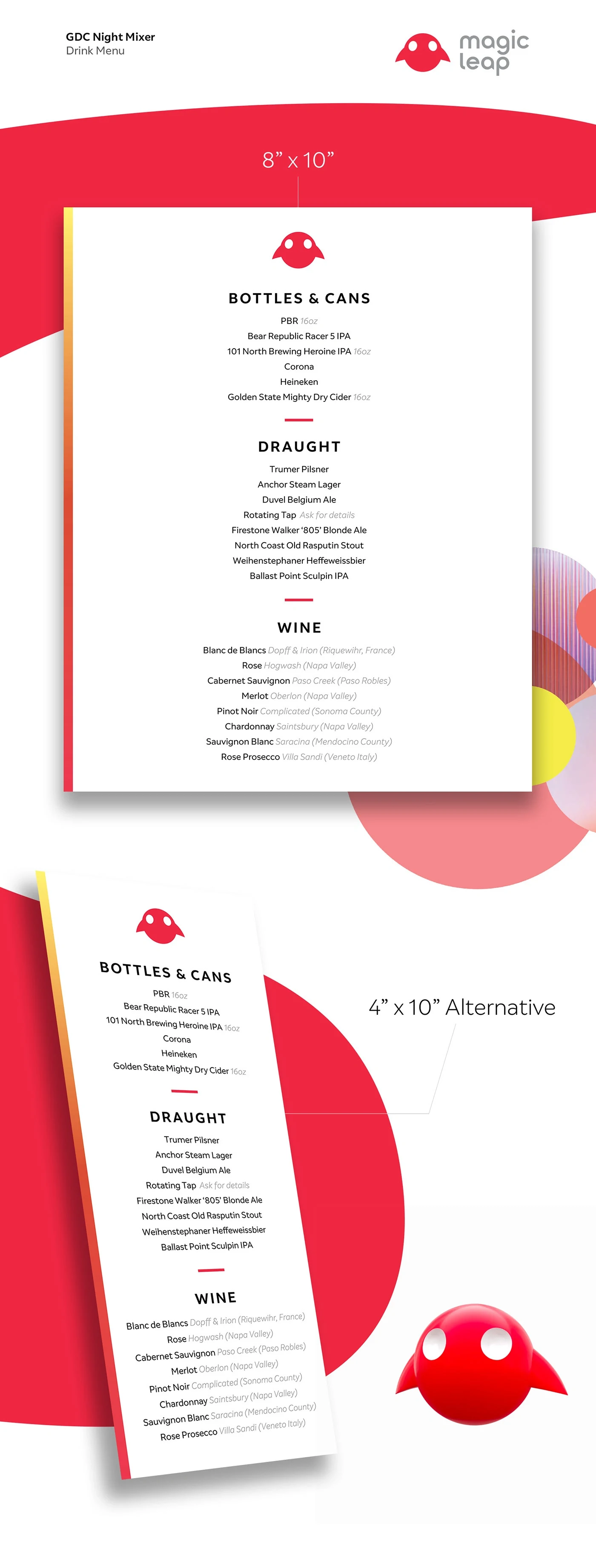 Magic Leap drink menu designs in 8 by 10 inch and 4 by 10 inch formats, with red and gradient brand details