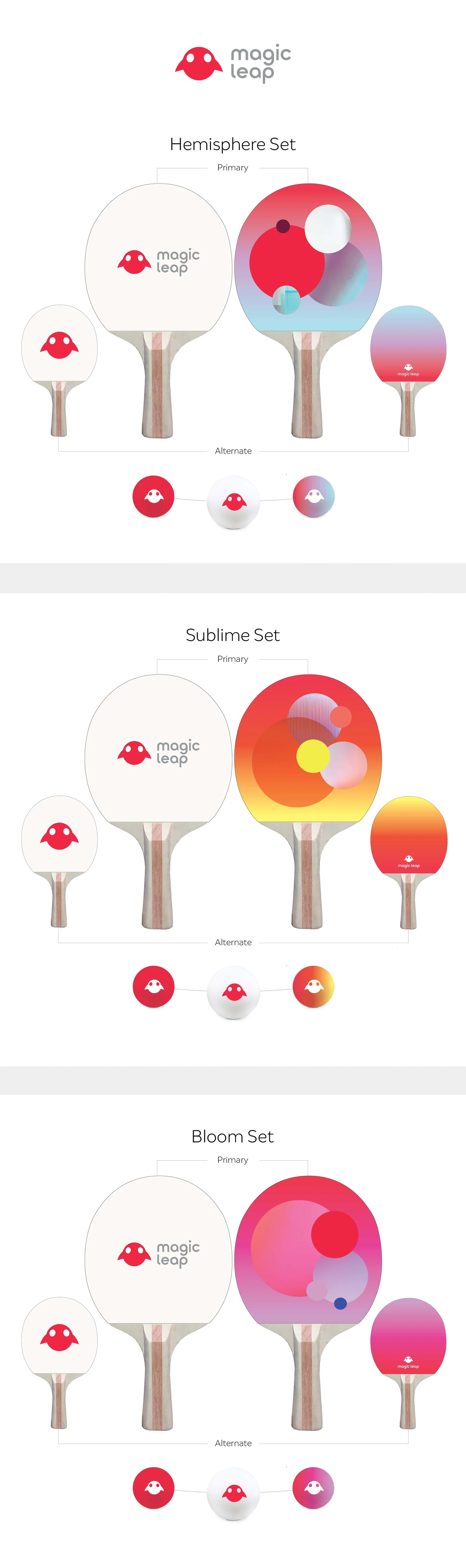 Three Magic Leap table tennis paddle and ball design sets: Hemisphere, Sublime, and Bloom, with primary and alternate artwork