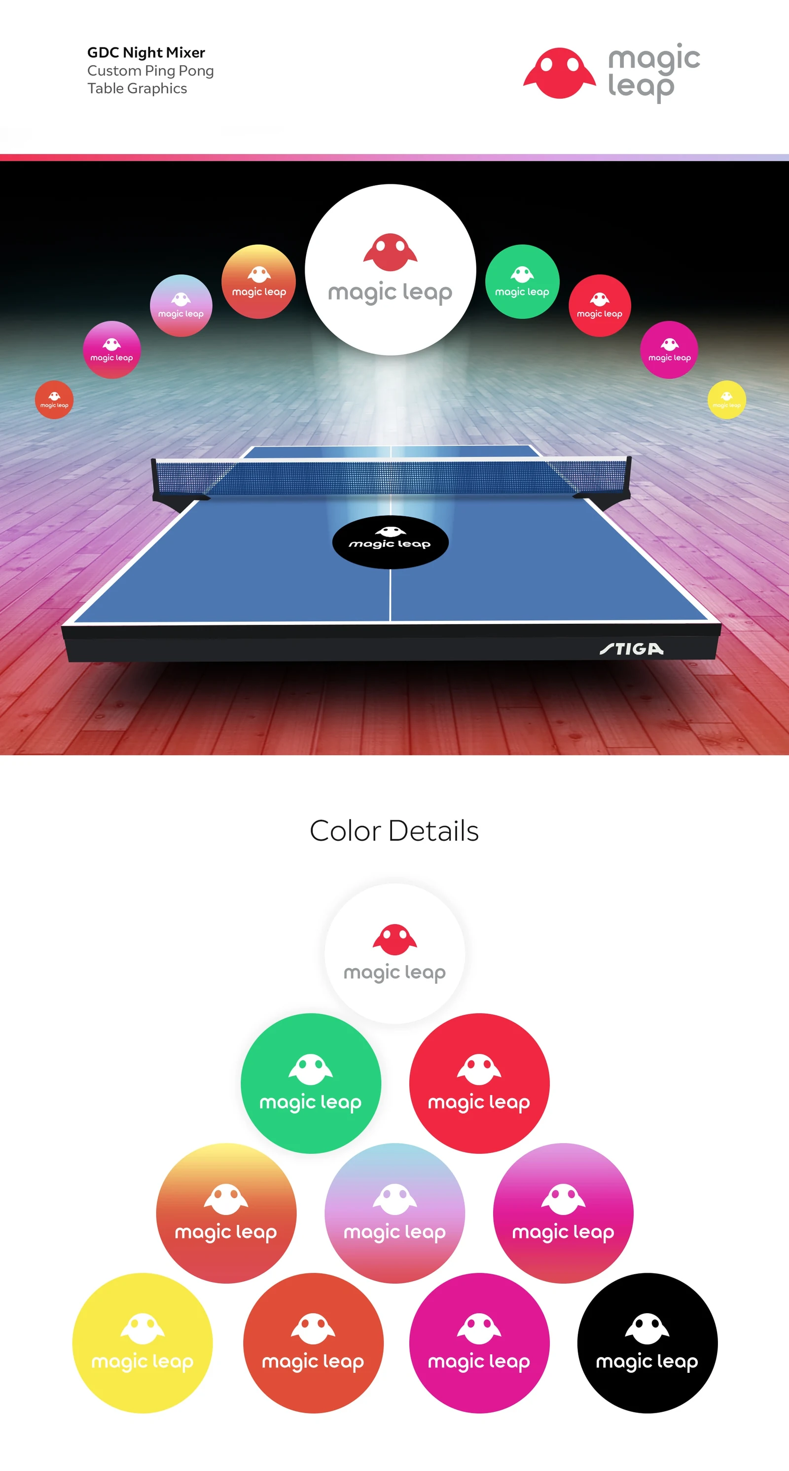 Magic Leap GDC Night Mixer table tennis graphics with branded circles and the complete color palette